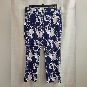Rafaella Women's Navy Taupe White Floral Cropped Pants Stretch Boho Slit Size 12